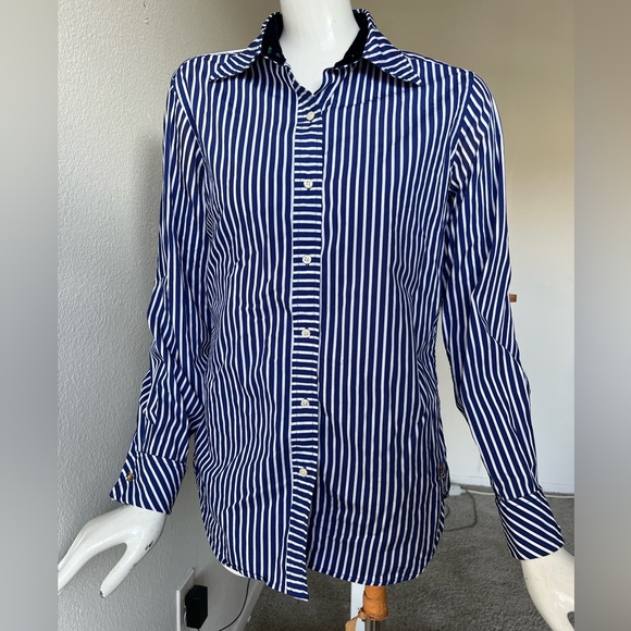Tommy Hilfiger Women Size 4 Blue/white Striped Shirt Flip Cuff - Super Cute! - Picture 1 of 15